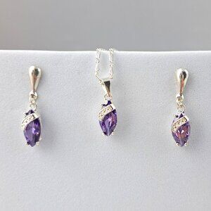.950 Peruvian Sterling Silver Amethyst CZ Necklace and Earring Set